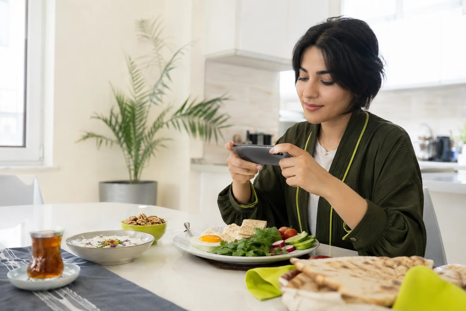 کاربر در حال اسکن وعده غذایی با گوشی