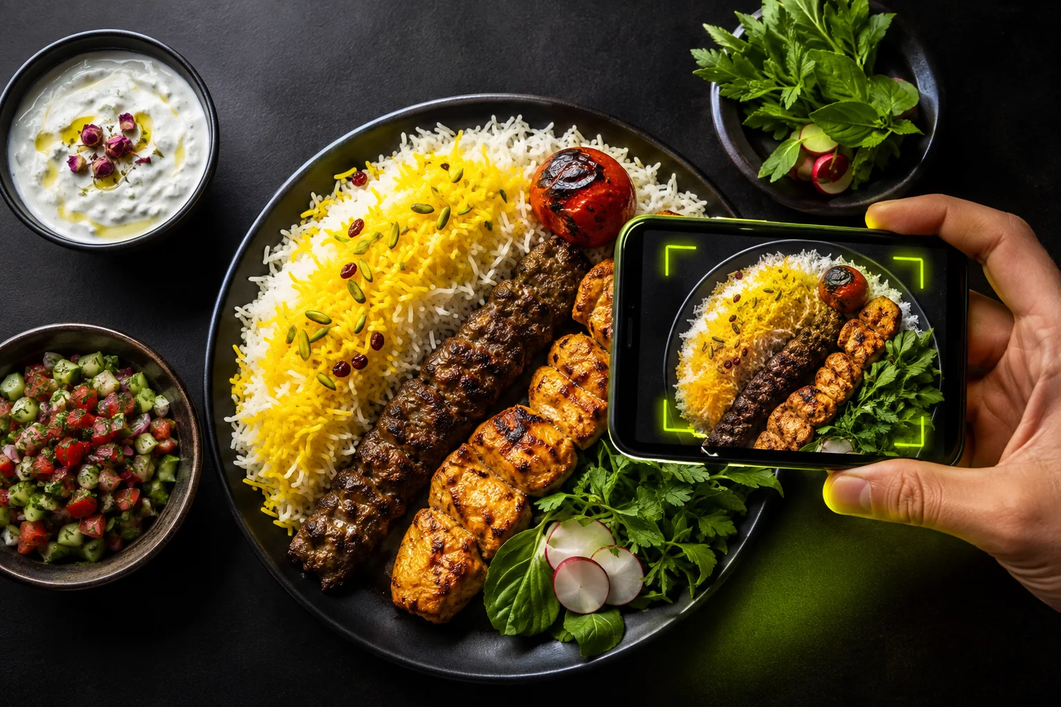 نمای بالا از غذای ایرانی هنگام اسکن